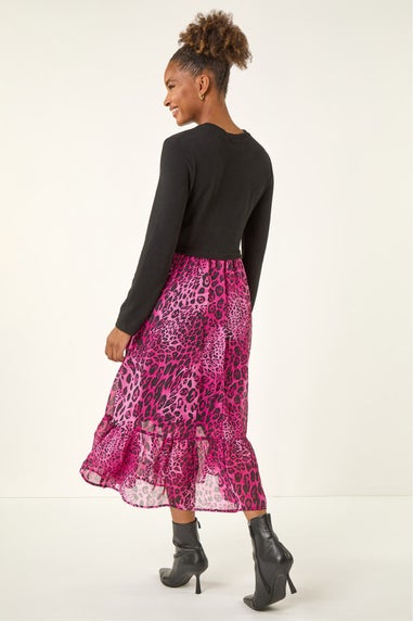 Roman Magenta Animal Print Stretch Midi Dress