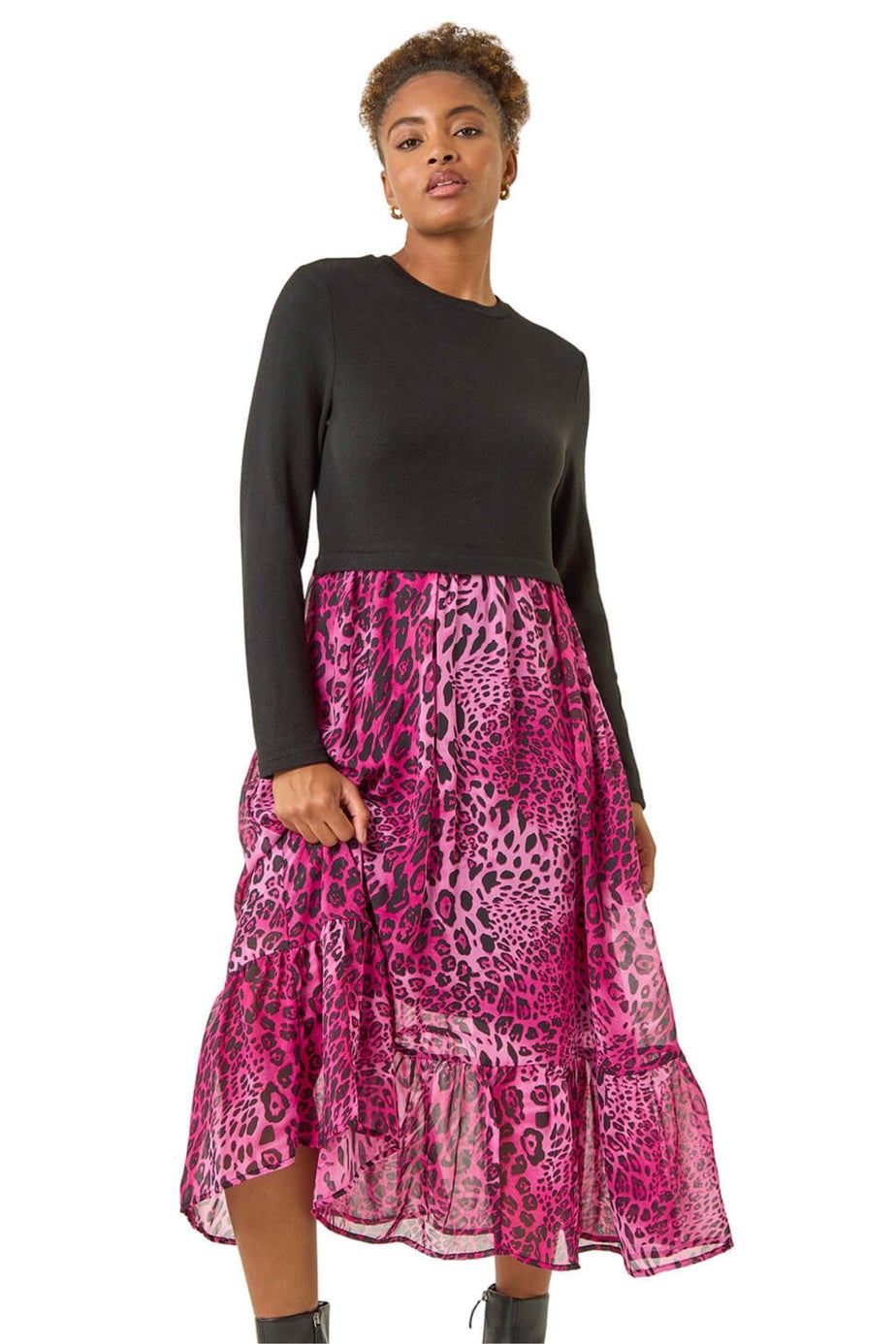 Roman Magenta Animal Print Stretch Midi Dress
