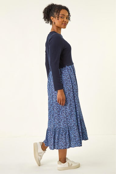 Roman Navy Petite Contrast Tiered Midi Dress
