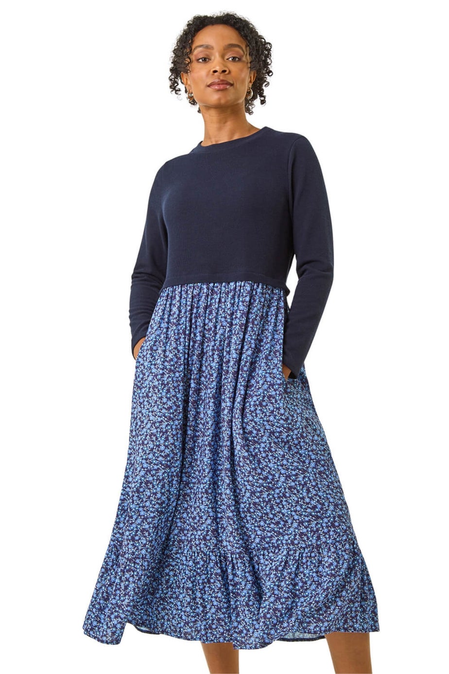 Roman Navy Petite Contrast Tiered Midi Dress
