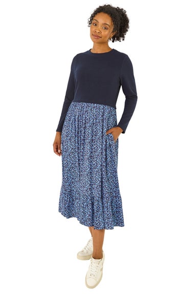 Roman Navy Petite Contrast Tiered Midi Dress