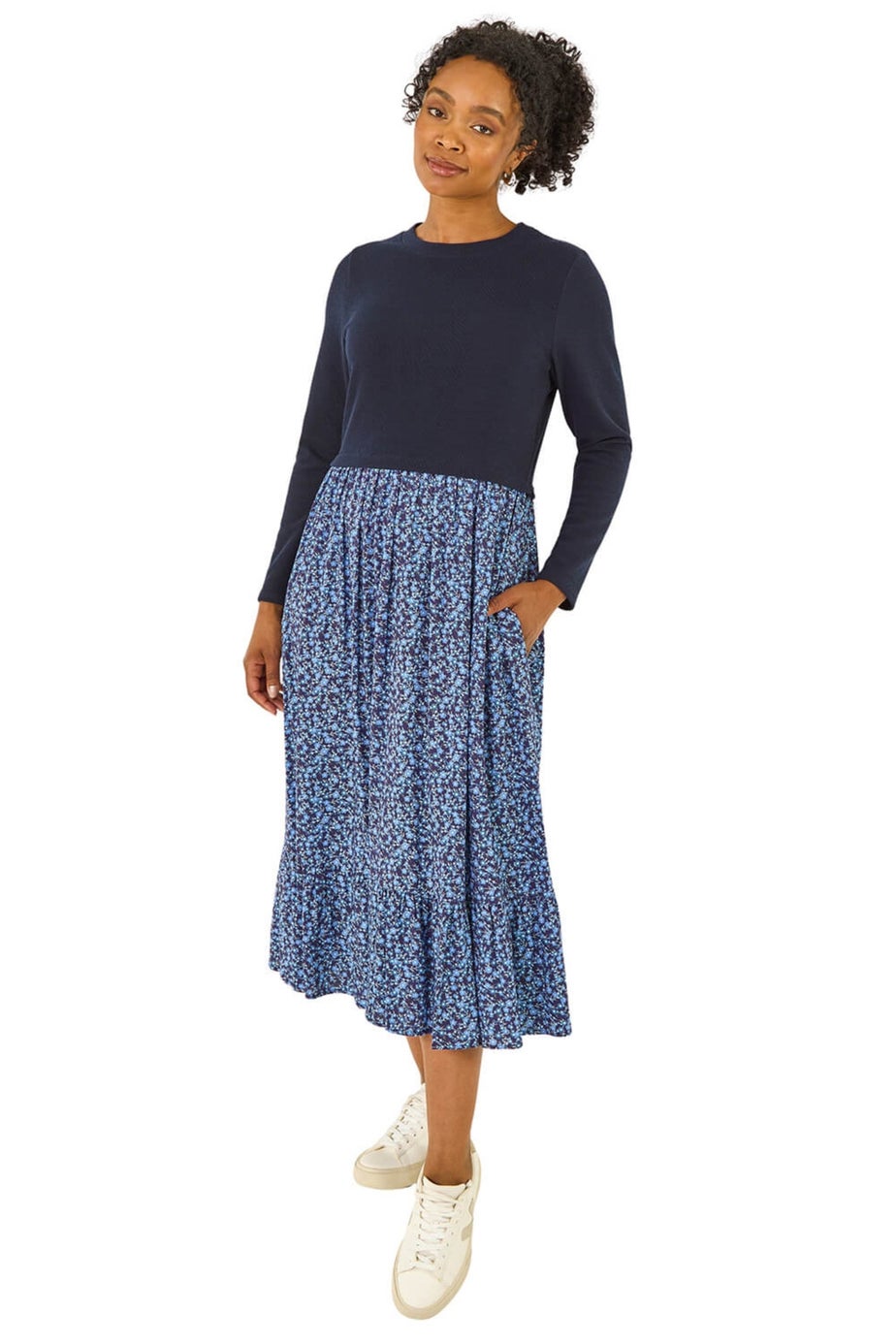 Roman Navy Petite Contrast Tiered Midi Dress