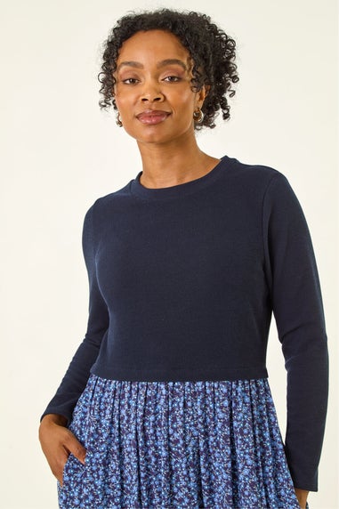 Roman Navy Petite Contrast Tiered Midi Dress