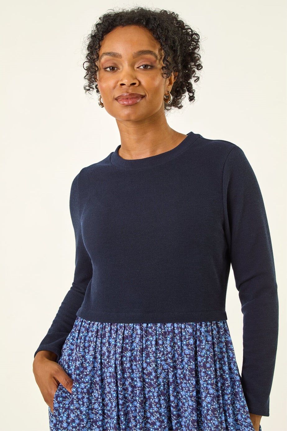 Roman Navy Petite Contrast Tiered Midi Dress