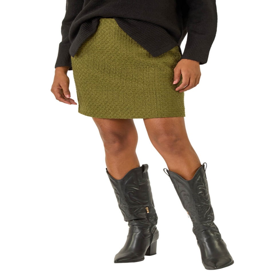 Roman Olive Boucle Textured A-Line Skirt
