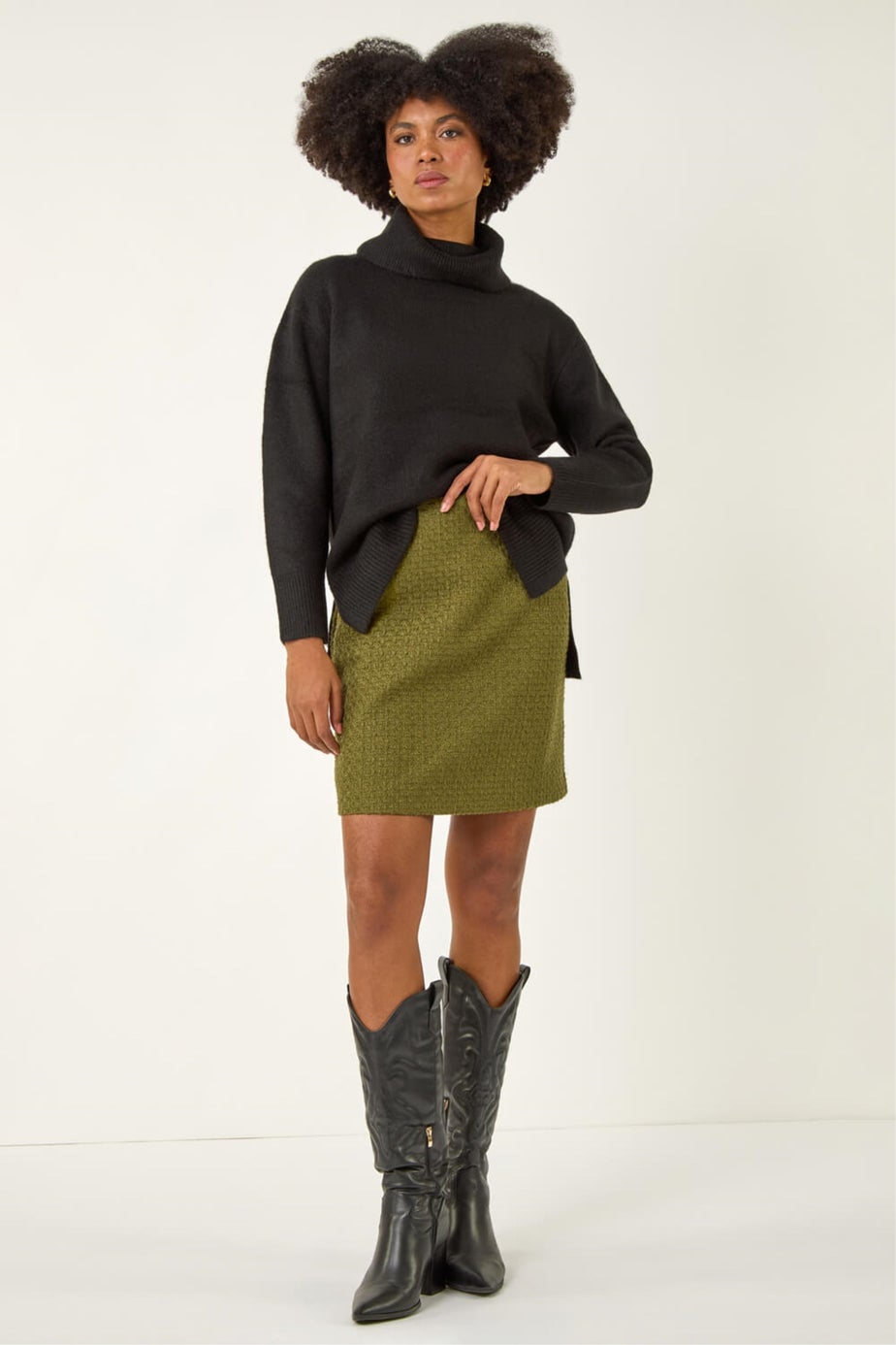 Roman Olive Boucle Textured A-Line Skirt
