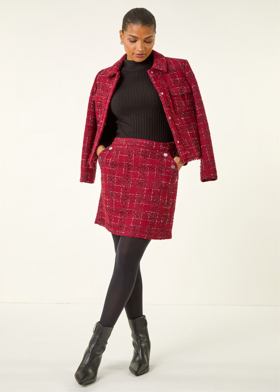 Roman Wine Check Boucle A-Line Skirt