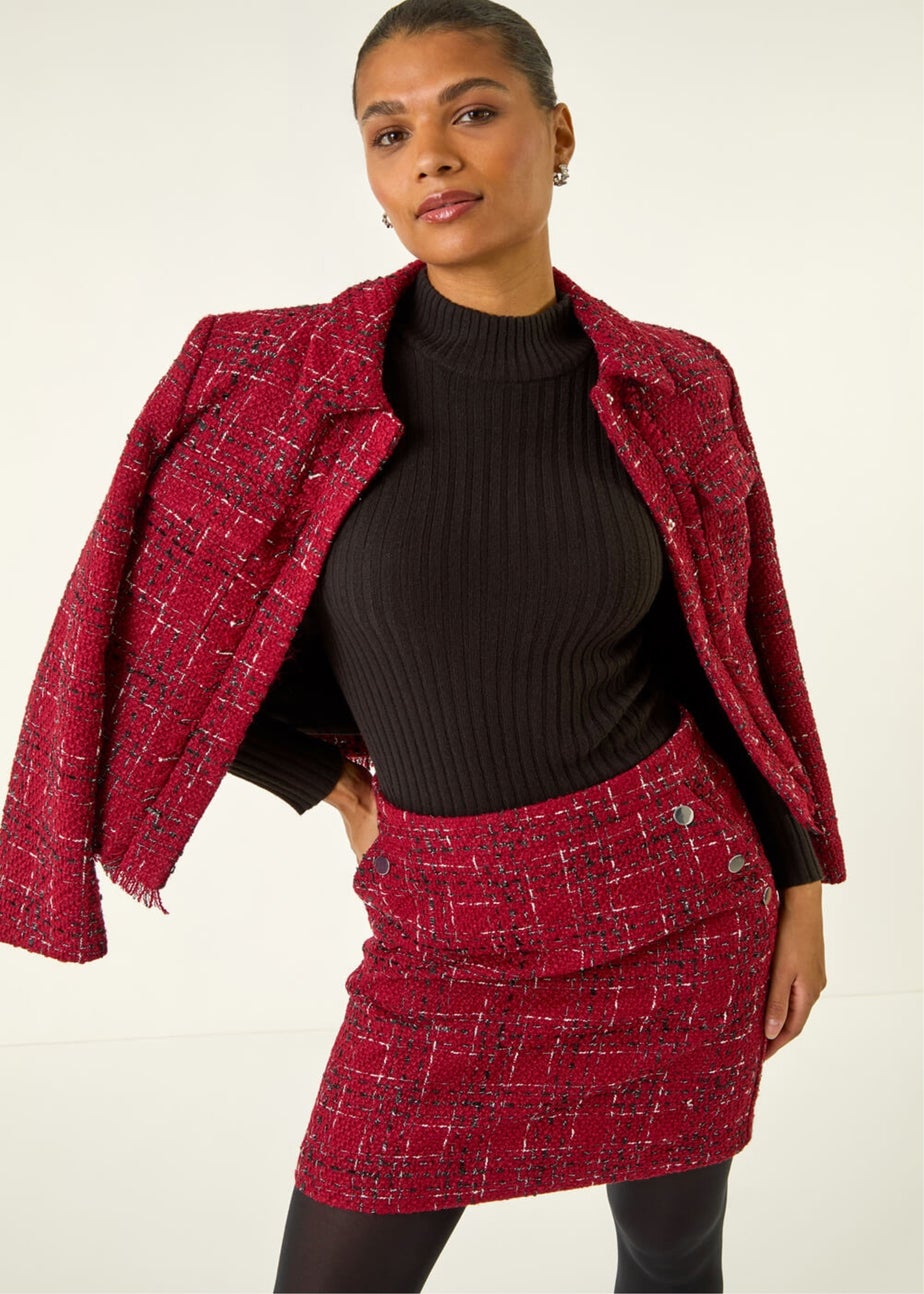 Roman Wine Check Boucle A-Line Skirt