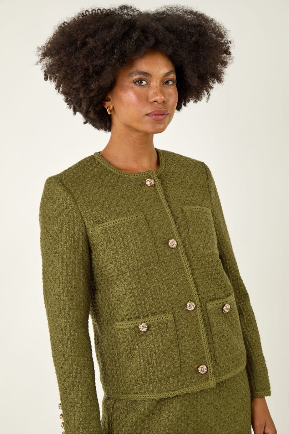 Roman Olive Collarless Boucle Button Jacket