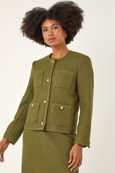 Roman Olive Collarless Boucle Button Jacket