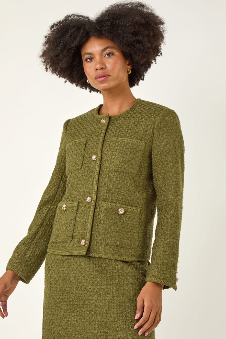 Roman Olive Collarless Boucle Button Jacket