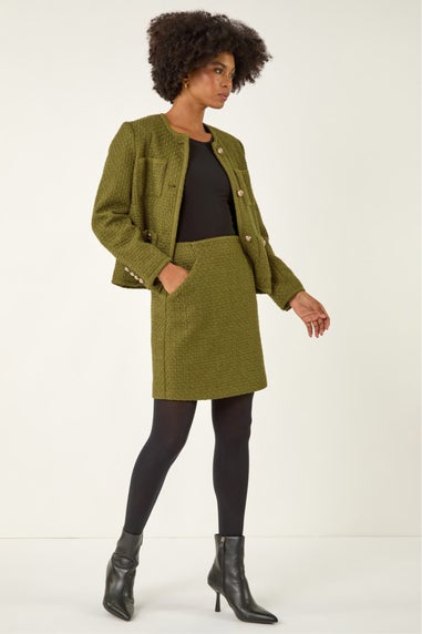 Roman Olive Collarless Boucle Button Jacket