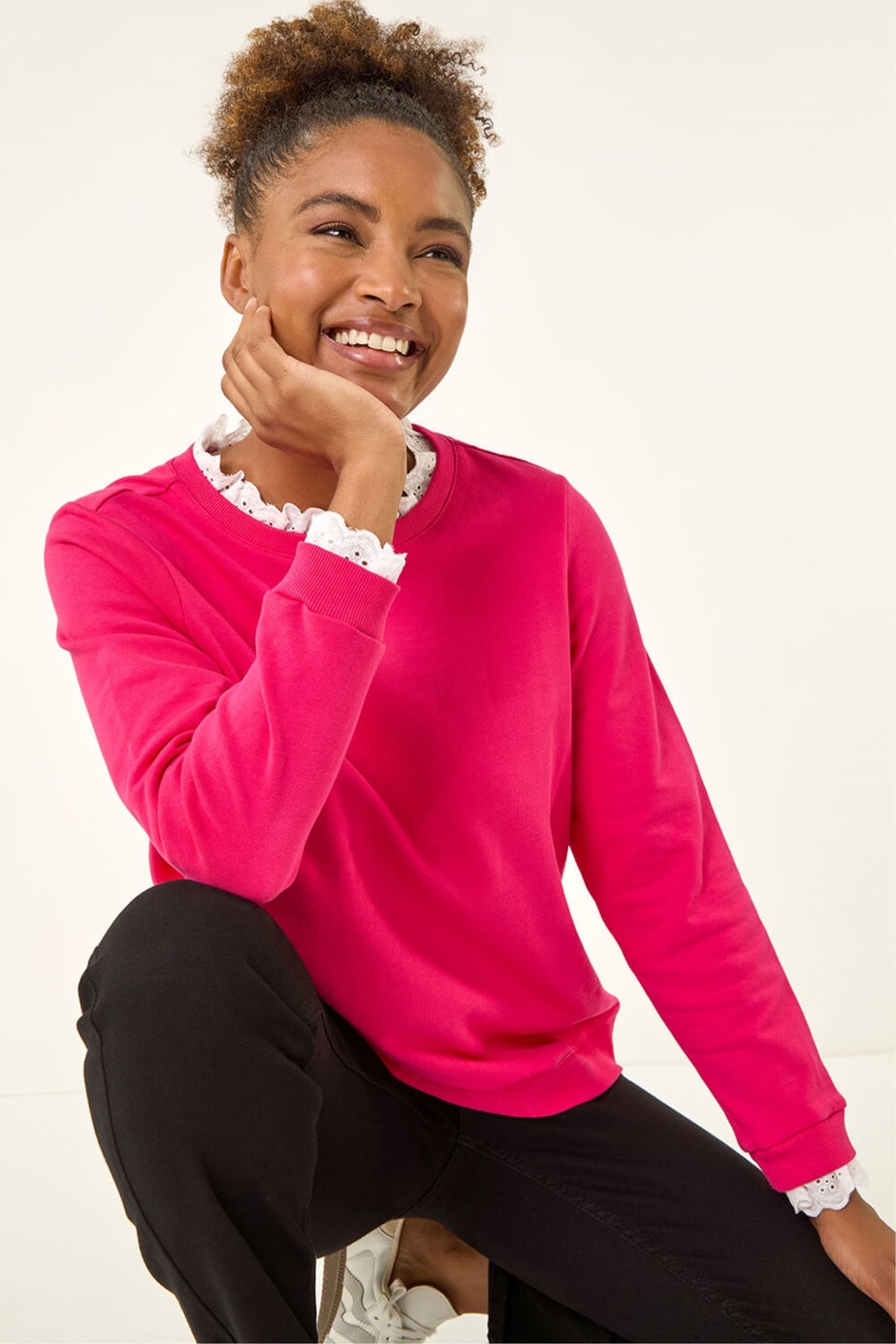 Roman Pink Frill Collar Stretch Jersey Top