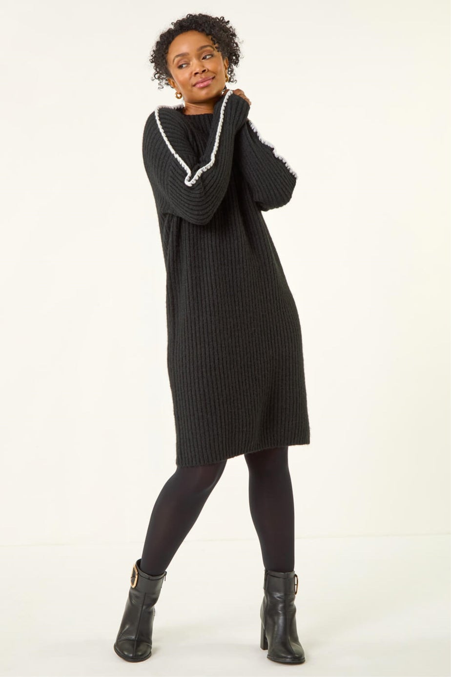 Roman Black Petite Ribbed Knitted Dress