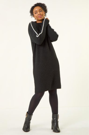 Roman Black Petite Ribbed Knitted Dress