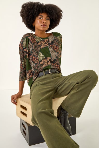 Roman Green Floral Patchwork Stretch Top