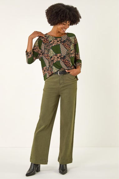 Roman Green Floral Patchwork Stretch Top