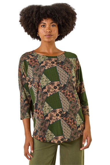 Roman Green Floral Patchwork Stretch Top