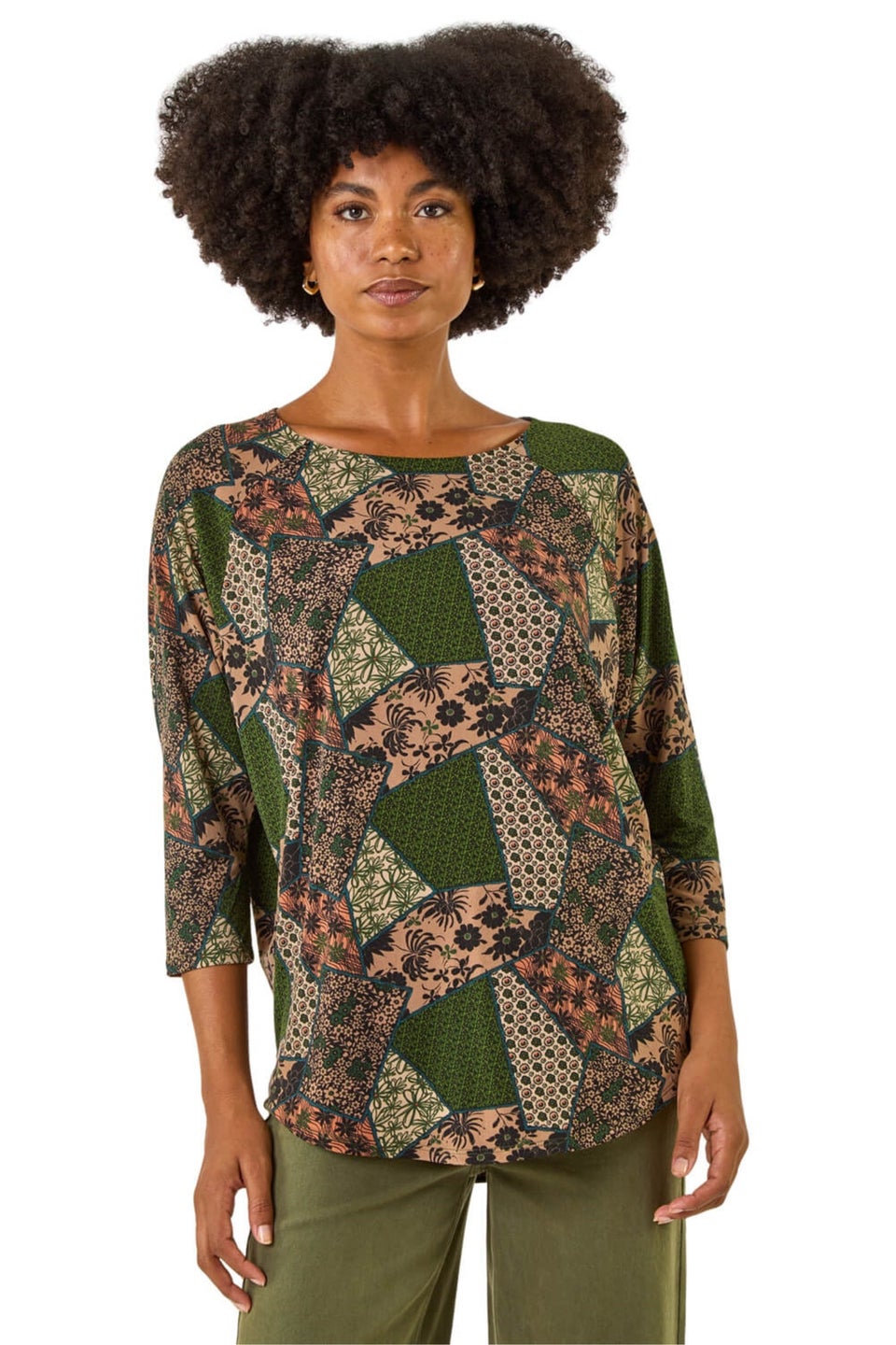 Roman Green Floral Patchwork Stretch Top