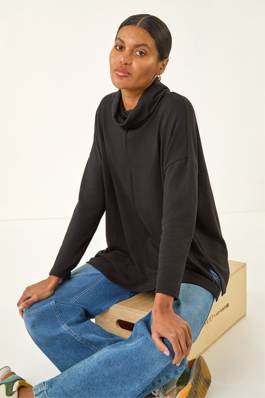 Roman Black Cowl Neck Snit Top