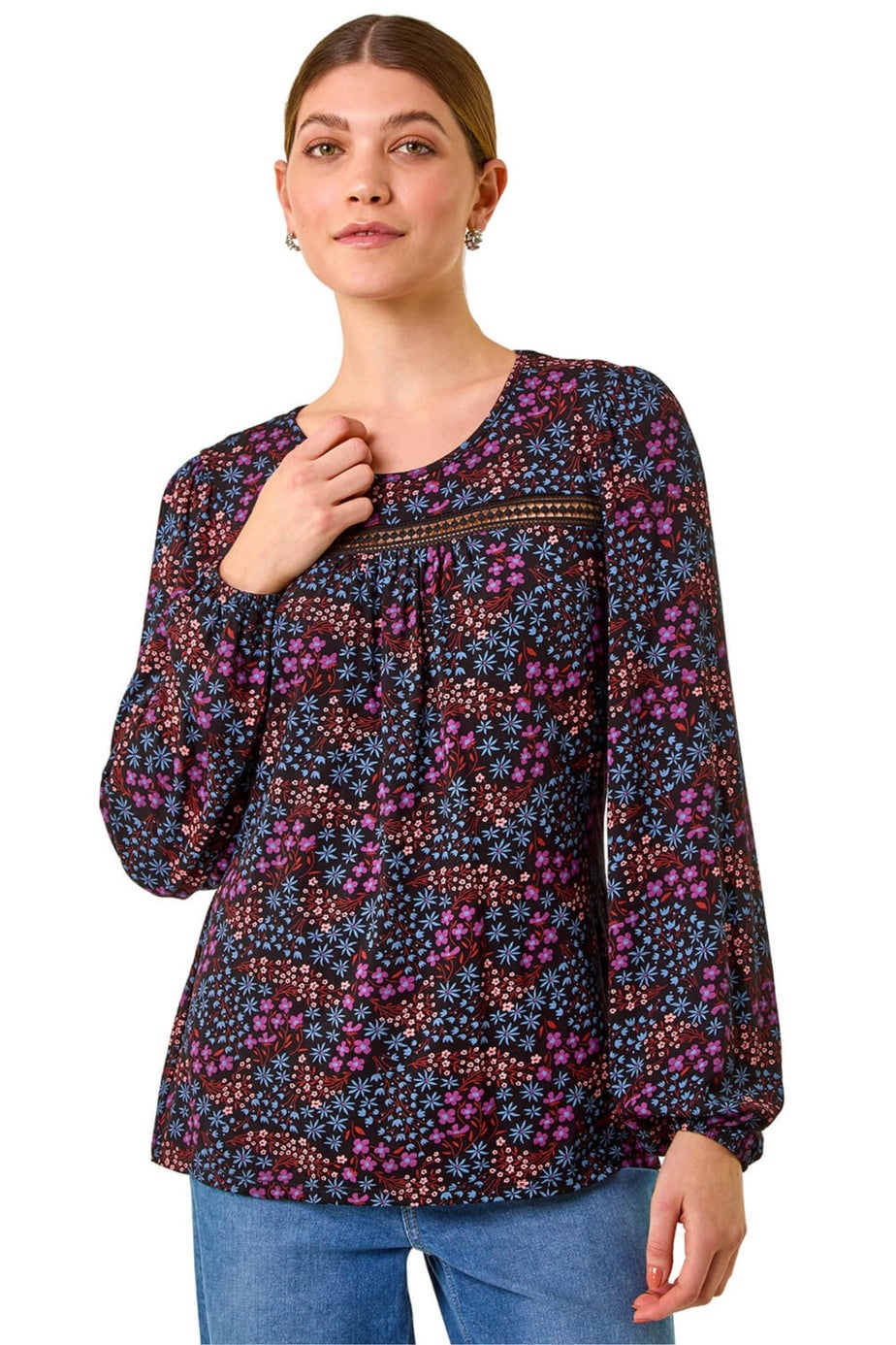 Roman Purple Floral Print Trim Stretch Top