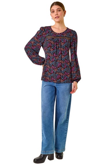Roman Purple Floral Print Trim Stretch Top