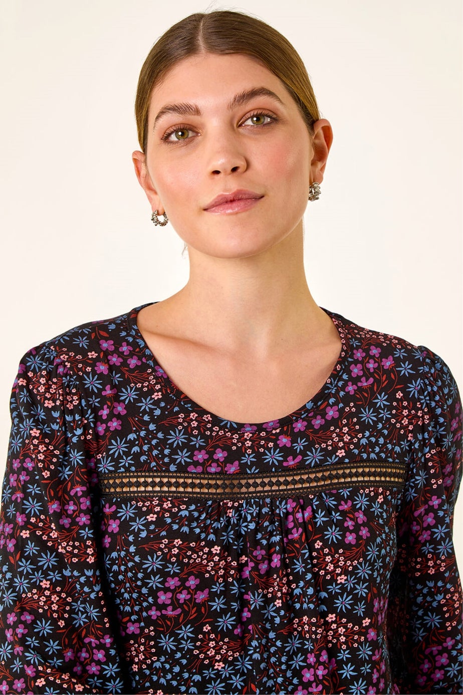 Roman Purple Floral Print Trim Stretch Top