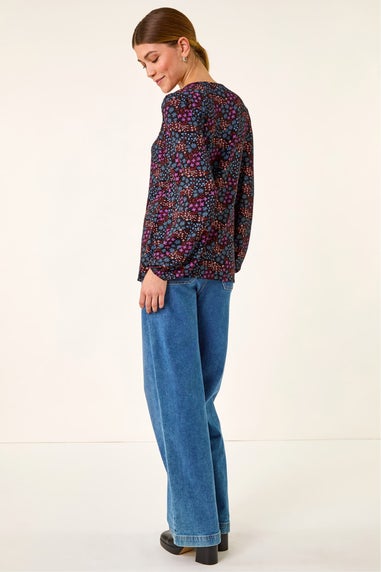 Roman Purple Floral Print Trim Stretch Top