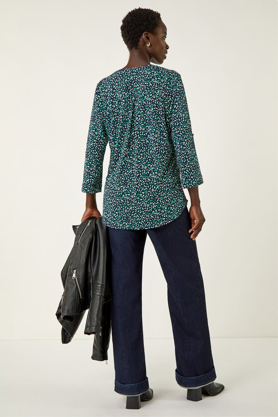 Roman Green Abstract Puff Print Stretch Top