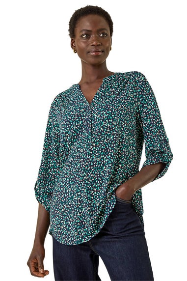Roman Green Abstract Puff Print Stretch Top