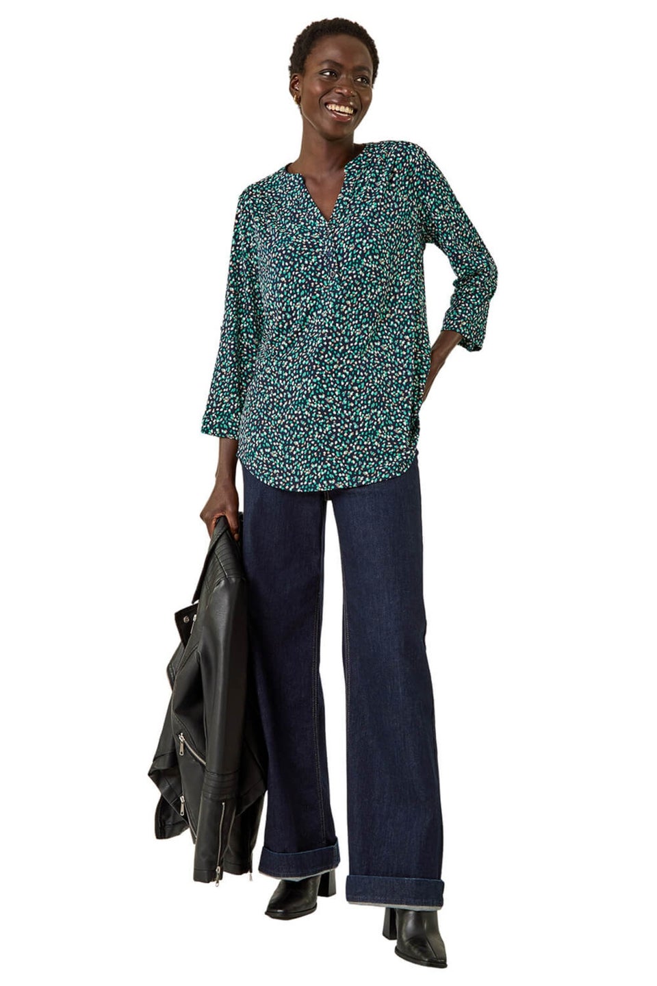 Roman Green Abstract Puff Print Stretch Top