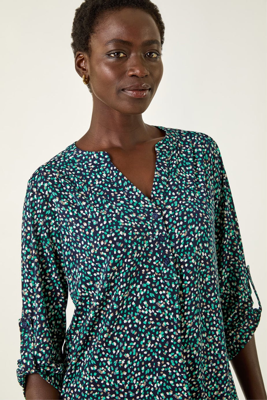 Roman Green Abstract Puff Print Stretch Top