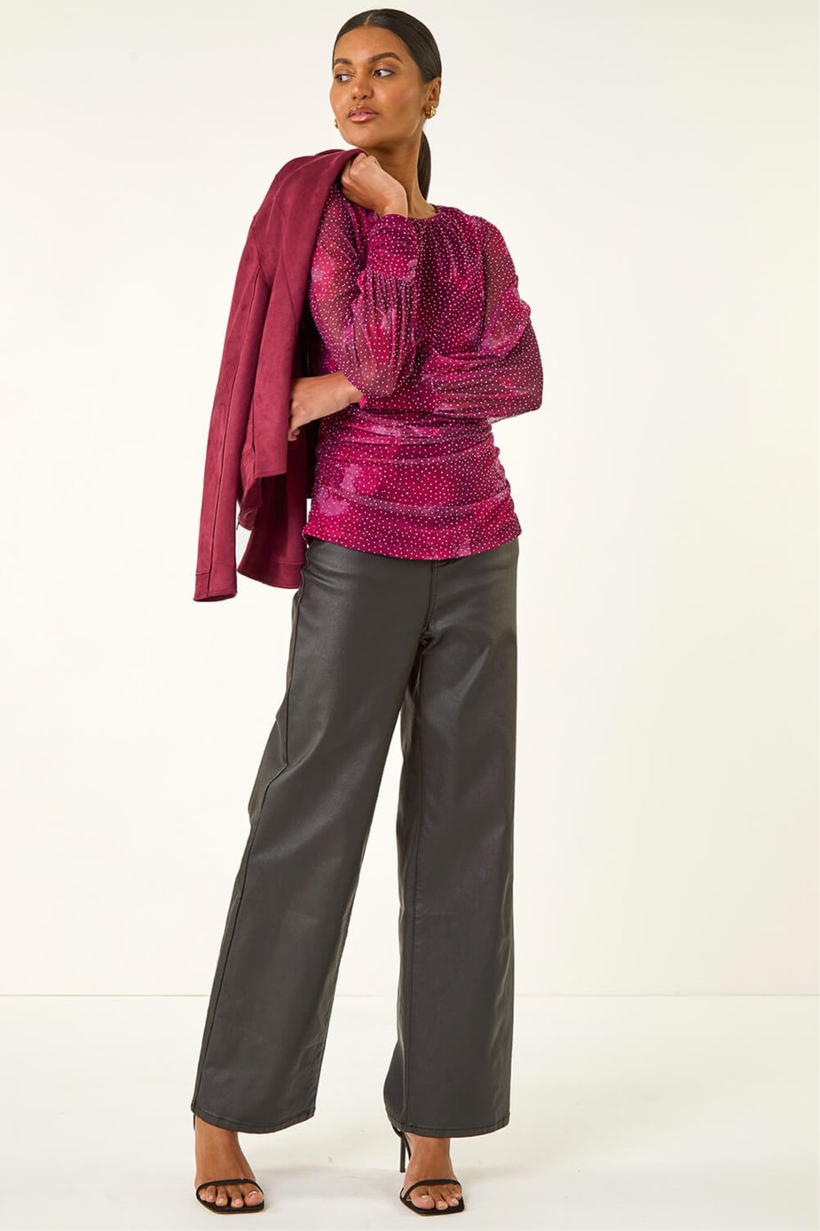 Roman Pink Printed Stud Mesh Stretch Top