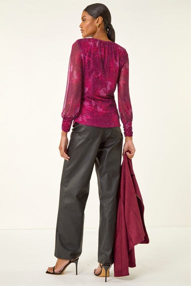 Roman Pink Printed Stud Mesh Stretch Top