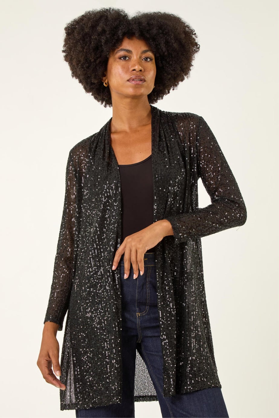 Roman Black Sequin Longline Kimono