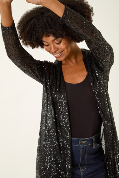 Roman Black Sequin Longline Kimono