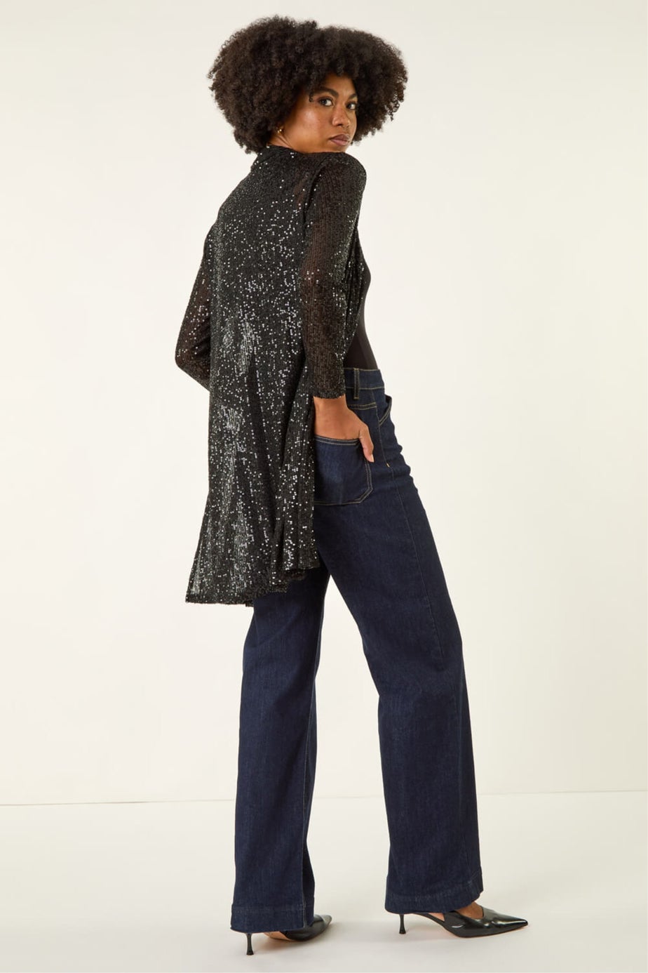 Roman Black Sequin Longline Kimono