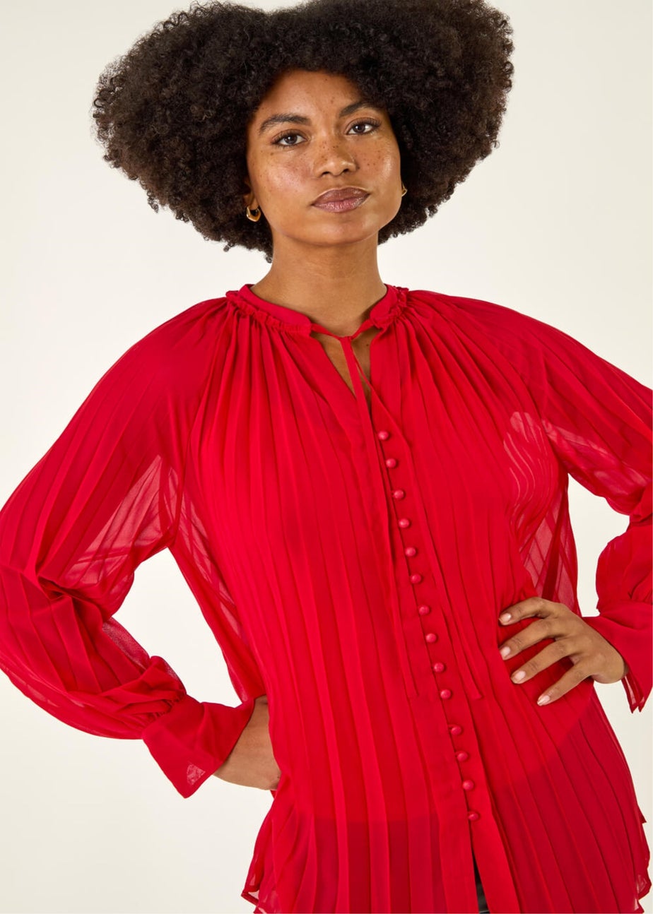 Roman Red Tie V-Neck Pleated Blouse