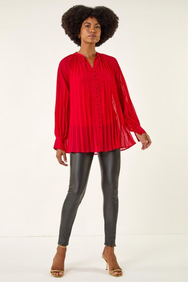 Roman Red Tie V-Neck Pleated Blouse