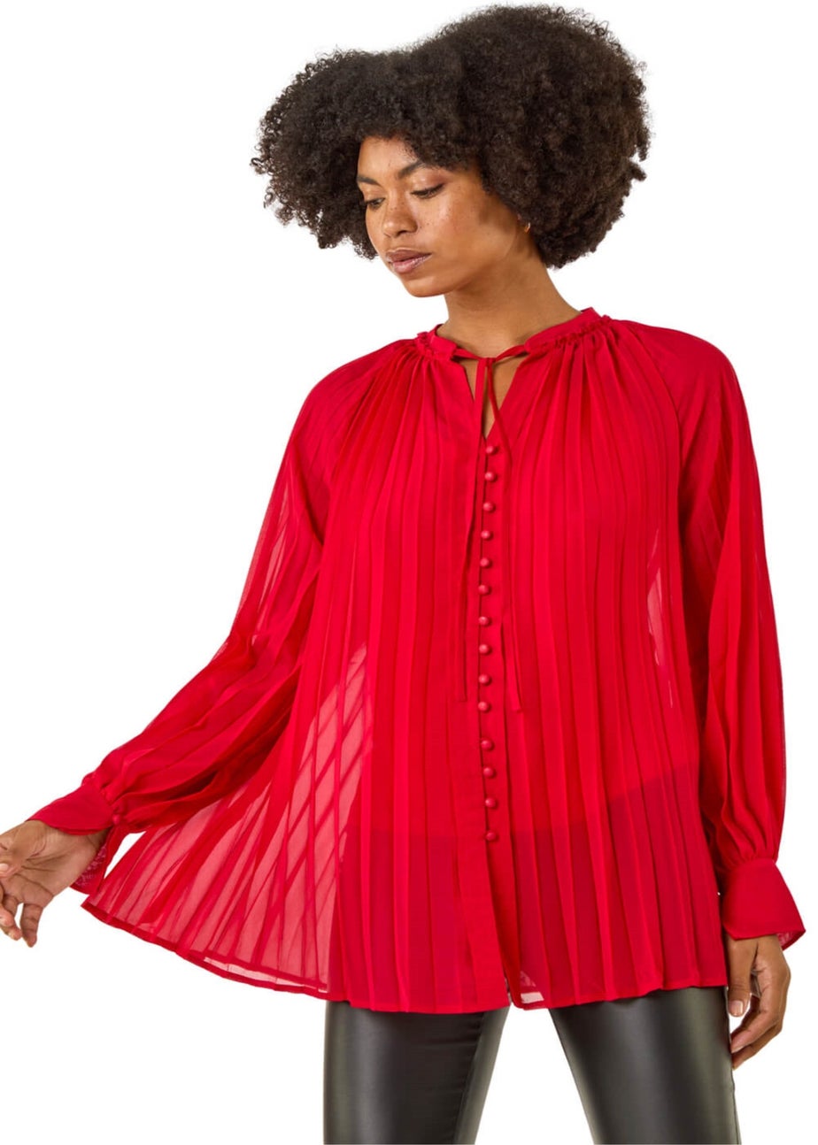 Roman Red Tie V-Neck Pleated Blouse