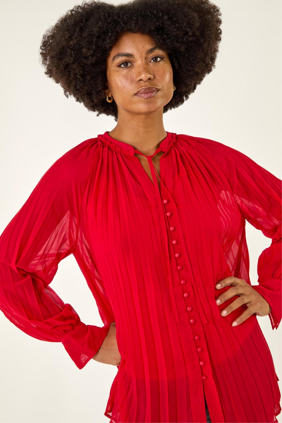 Roman Red Tie V-Neck Pleated Blouse