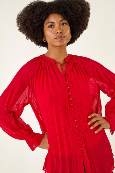 Roman Red Tie V-Neck Pleated Blouse
