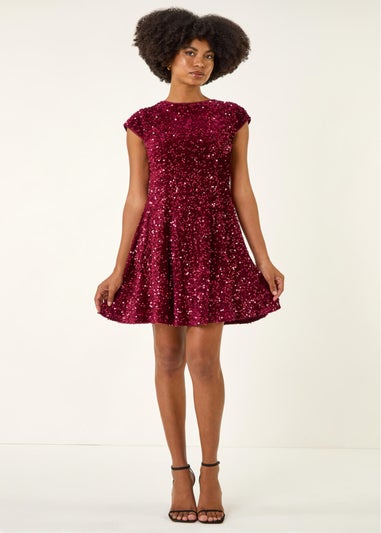 Roman Wine Sequin Bow Back Flare Dress