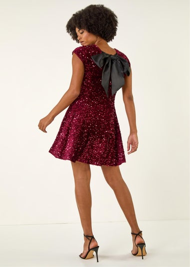 Roman Wine Sequin Bow Back Flare Dress