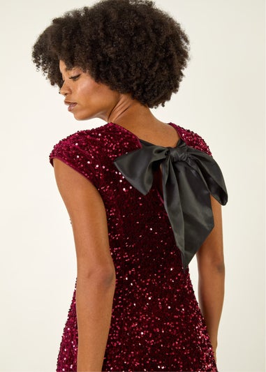 Roman Wine Sequin Bow Back Flare Dress
