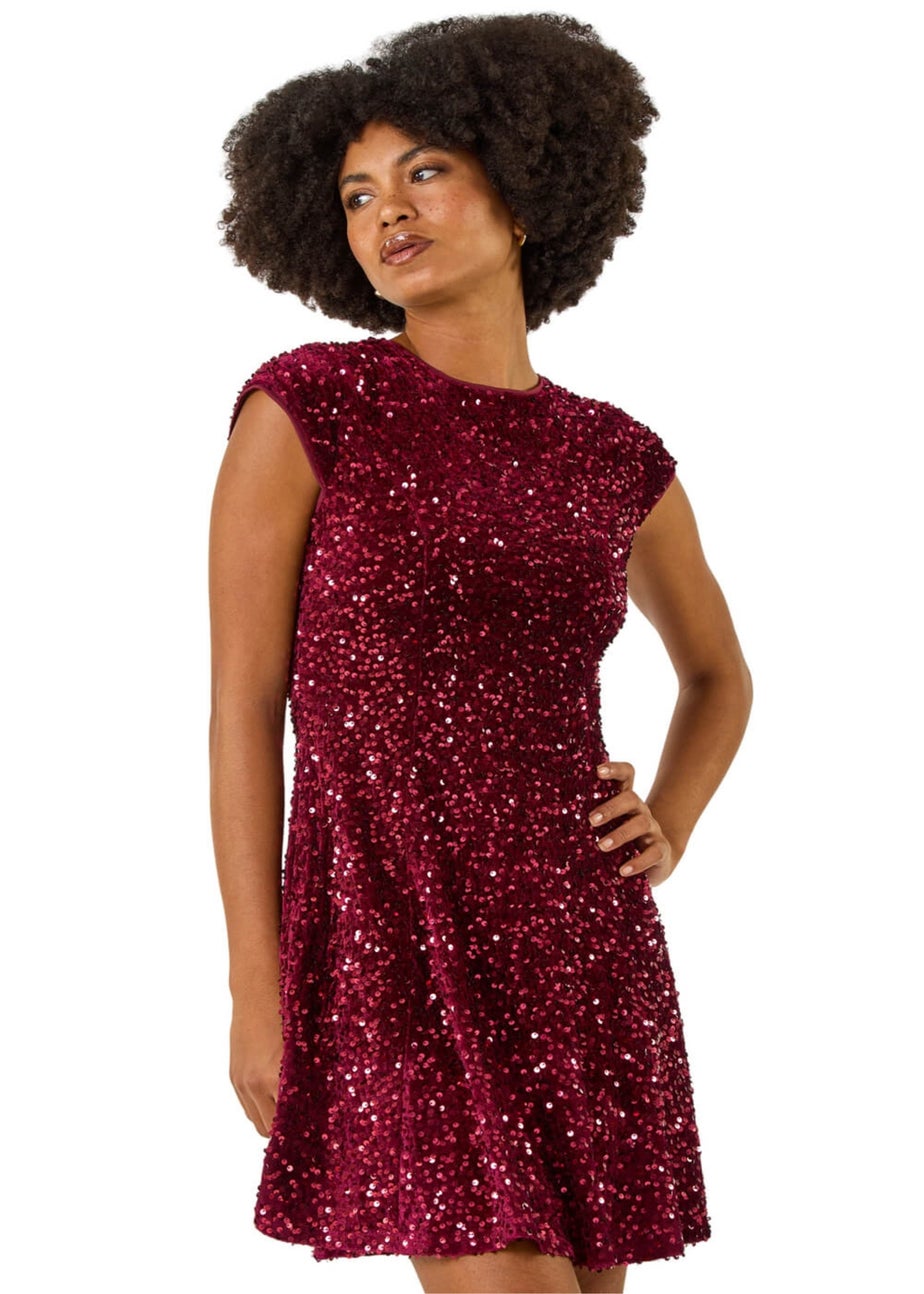 Roman Wine Sequin Bow Back Flare Dress