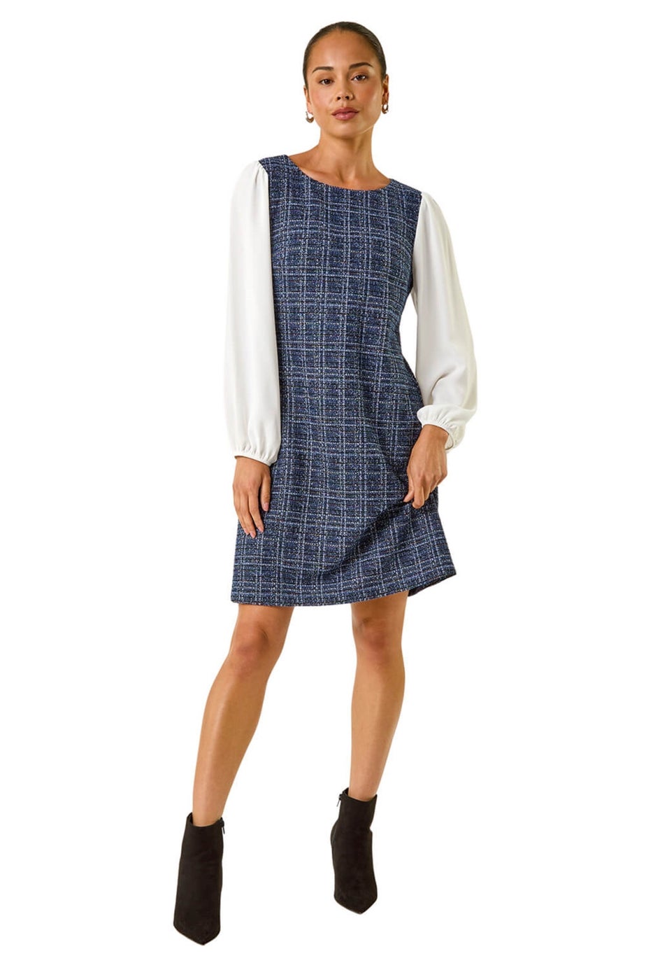 Roman Navy Petite Boucle Contrast Sleeve Dress