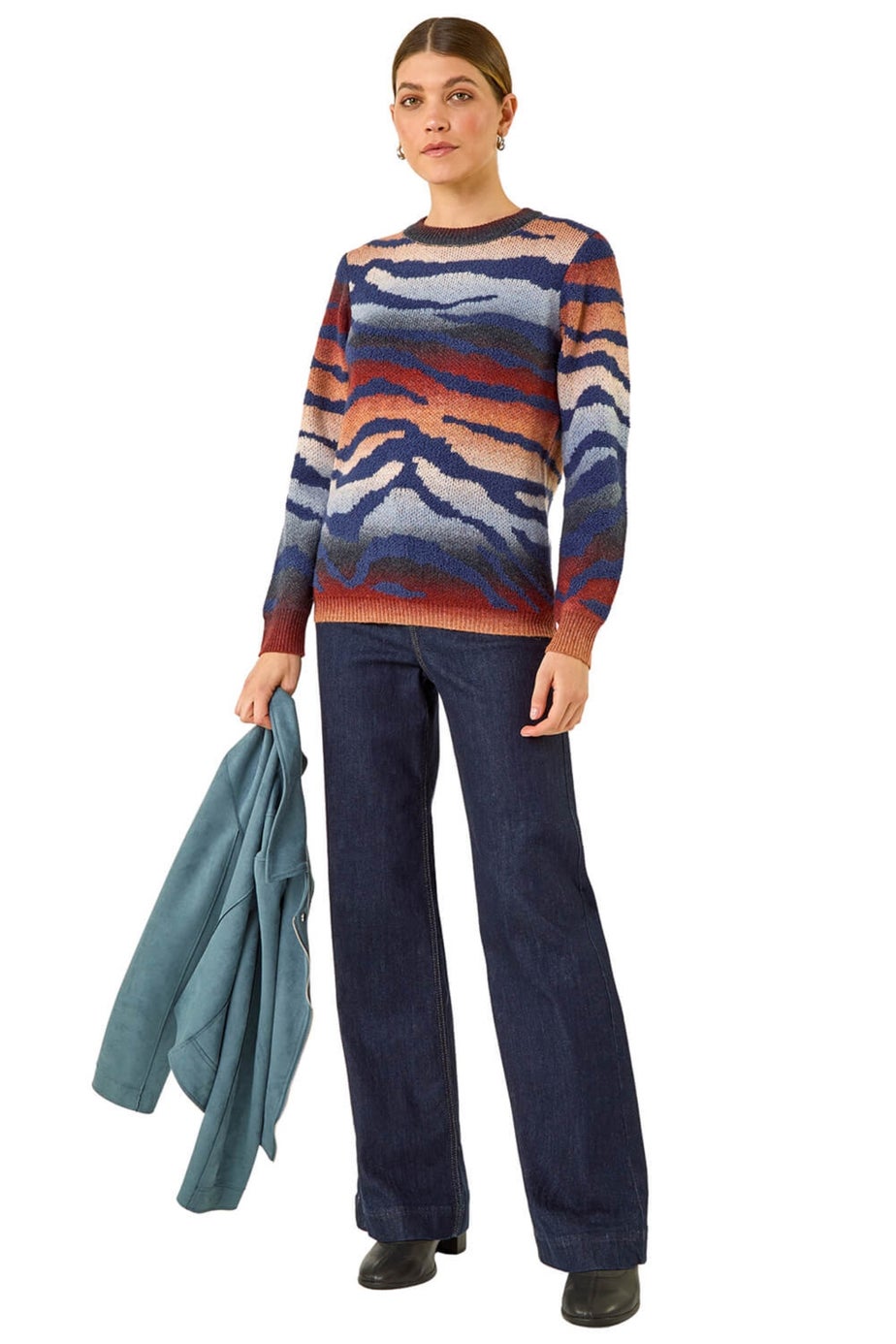 Roman Navy Contrast Animal Print Knit Jumper