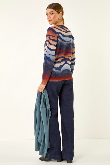 Roman Navy Contrast Animal Print Knit Jumper