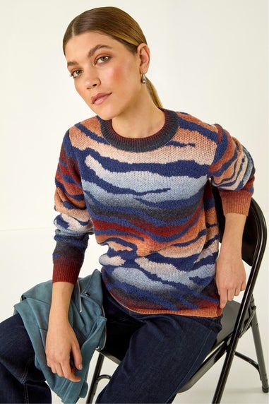 Roman Navy Contrast Animal Print Knit Jumper